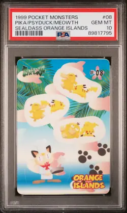 1999 POCKET MONSTERS SEALDASS ORANGE ISLANDS #08 MEOWTH/PIKACHU/PSYDUCK PSA 10 - Image 1
