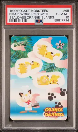 1999 POCKET MONSTERS SEALDASS ORANGE ISLANDS #08 MEOWTH/PIKACHU/PSYDUCK PSA 10 - Image 1