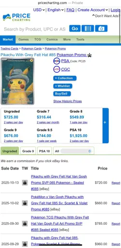 Van Gogh Pikachu Promo Pokemon Card SVP 085 PSA 9 Mint with Grey Felt Hat - Image 2