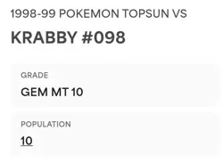 PSA 10 GEM MINT Krabby Vs. Pidgey #098 Topsun Carddass Pokemon TCG 1998 POP 10 - Image 2