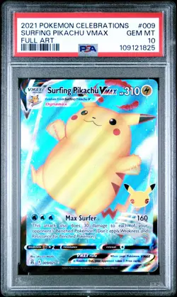 2021 POKEMON CELEBRATIONS #009 FULL ART/SURFING PIKACHU VMAX PSA 10 - Image 1
