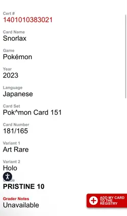 CGC PRISTINE 10 Snorlax Art Rare Pokemon 2023 151 Japanese 181/165 - Image 3