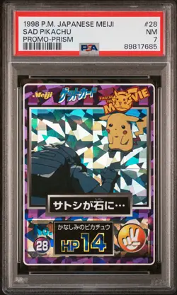 1998 POKEMON JPN MEIJI PROMO PRISM #28 SAD PIKACHU PSA 7 - Image 1