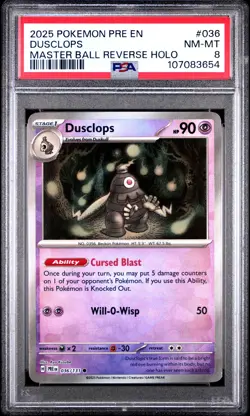 2025 POKEMON PRE EN-PRISMATIC EVOLUTIONS MASTER BALL REVERSE HOLO DUSCLOPS PSA 8 - Image 1