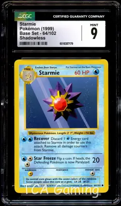 CGC 9 MINT Starmie 64/102 SHADOWLESS Base Set Pokemon Card 179 - Image 1