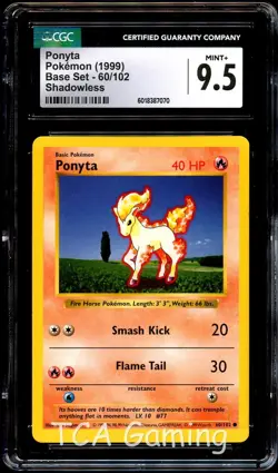 CGC 9.5 MINT+ Ponyta 60/102 SHADOWLESS Base Set Pokemon Card 070 - Image 1