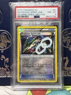 PSA 8 Pokemon TCG Rayquaza Spirit Link 87/108 Reverse Holo Rare XY Roaring Skies - Image 1