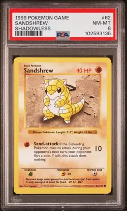 PSA 8 Base Set Shadowless Sandshrew 62/102 Pokemon Cards 1999🔥 - Image 2