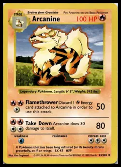 Vintage Arcanine 023/102 Base Set (Shadowless) Pokemon Card WOTC | LP - Image 1