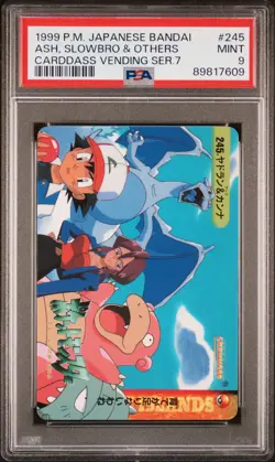 1999 POKEMON JPN BANDAI CARDDASS VENDING SER 7 #245 ASH, SLOWBRO & OTHERS PSA 9 - Image 1