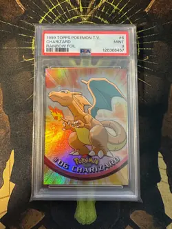 Pokemon 1999 Topps Charizard 6 Rainbow Foil Blue Logo PSA 9 - Image 1