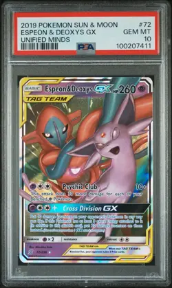 2019 POKEMON SUN & MOON UNIFIED MINDS #72 ESPEON & DEOXYS GX PSA 10 - Image 1