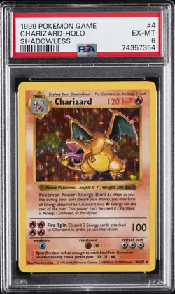 1999 POKEMON GAME SHADOWLESS #4 CHARIZARD-HOLO PSA 6 - Image 1