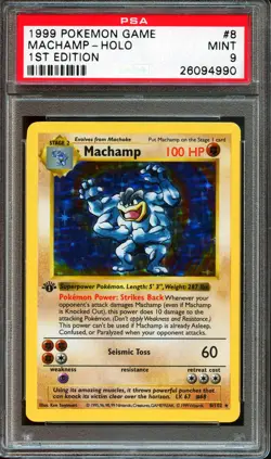 PSA 9 MINT Machamp 8/102 1st Edition Shadowless Base Set Holo 1999 Pokemon Card - Image 1