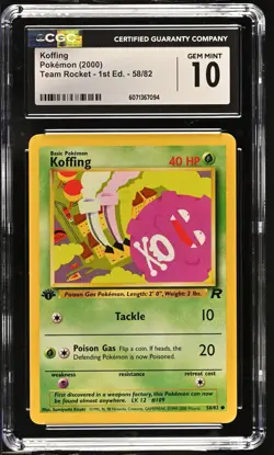 CGC 10 GEM MINT Koffing Team Rocket 1st Edition 58/82 Pokemon Card - Image 1