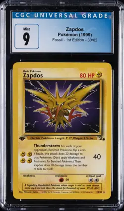1999 POKEMON FOSSIL - 1ST ED #30/62 ZAPDOS CGC 9 - Image 1
