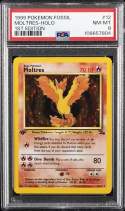 1999 POKEMON FOSSIL 1ST ED #12 MOLTRES-HOLO PSA 8 - Image 1
