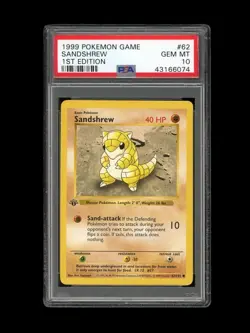 Pokemon PSA 10 GEM MINT Sandshrew 1st Edition Base Set Shadowless 1999 Card #62 - Image 1