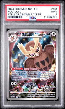 2024 POKEMON STELLAR CROWN POKEMON CENTER ETB PROMO #141 NOCTOWL PSA 9 - Image 1