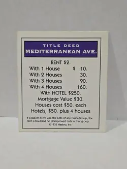 1996 Monopoly Mediterranean Ave. Replacement Deed Card - Image 1