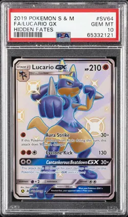 2019 POKEMON SUN & MOON HIDDEN FATES #SV64 FULL ART/LUCARIO GX PSA 10 - Image 1