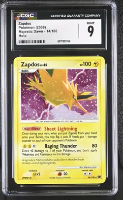 CGC 9 MINT Zapdos 2008 Majestic Dawn 14/100 Holo SWIRL Pokemon Card - Image 1