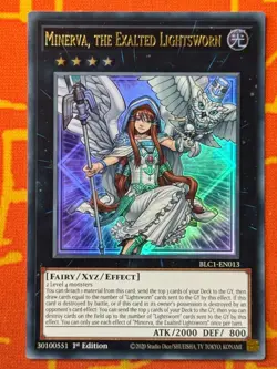 YUGIOH MINERVA, THE EXALTED LIGHTSWORN GOLD ULTRA RARE 1ST EDITION NM BLC1-EN013 - Image 1