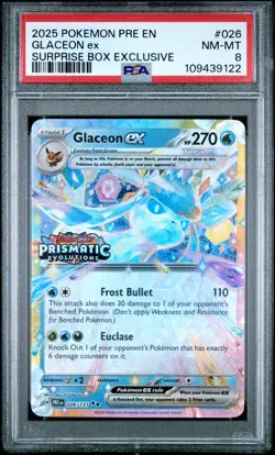 2025 POKEMON PRE EN-PRISMATIC EVOLUTIONS SURPRISE BOX EXCLUSIVE GLACEON EX PSA 8 - Image 1