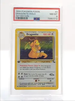 DRAGONITE 1999 POKEMON 1ST EDITION FOSSIL HOLO RARE 4/62 PSA 8 Q0907 - Image 1
