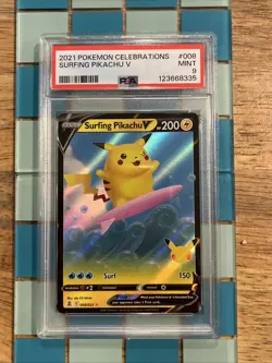 GRADED PSA 9 2021 Pokemon Celebrations Surfing Pikachu V #008 - Image 1