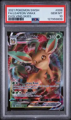 Pokemon TCG Leafeon VMAX Holo Ultra Rare Card Evolving Skies 008/203, PSA 10 - Image 1