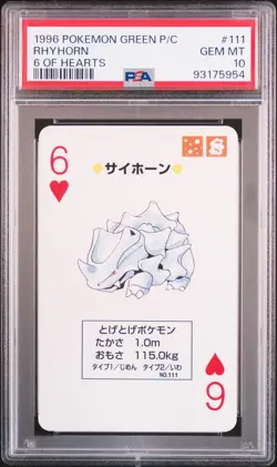 1996 POKEMON GREEN VERSION PLAYING CARDS 6 OF HEARTS #111 RHYHORN PSA 10 - Image 1
