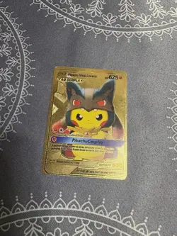 Basic Pikachu Mega Lucario HP625 Gold Foil Pokemon Fan Art - Image 1