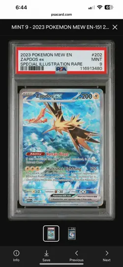 PSA 9 MINT 2023 Pokemon Zapdos ex 202/165 SV151 Special Illustration Rare - Image 1