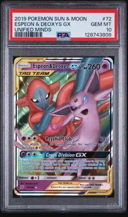 2019 POKEMON SUN & MOON UNIFIED MINDS #72 ESPEON & DEOXYS GX PSA 10 - Image 1