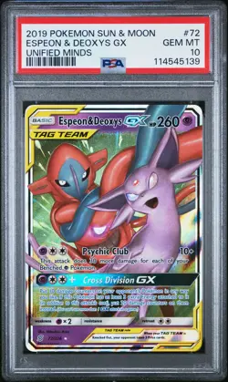 2019 POKEMON SUN & MOON UNIFIED MINDS #72 ESPEON & DEOXYS GX PSA 10 - Image 1