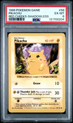 1999 POKEMON GAME RED CHEEKS-SHADOWLESS #58 PIKACHU PSA 6 - Image 1