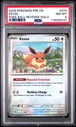 2025 POKEMON PRE EN-PRISMATIC EVOLUTIONS POKE BALL REVERSE HOLO #074 EEVEE PSA 8 - Image 1