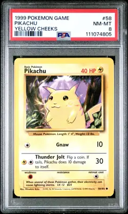 1999 POKEMON BASE SET YELLOW CHEEKS #58 PIKACHU PSA 8 - Image 1