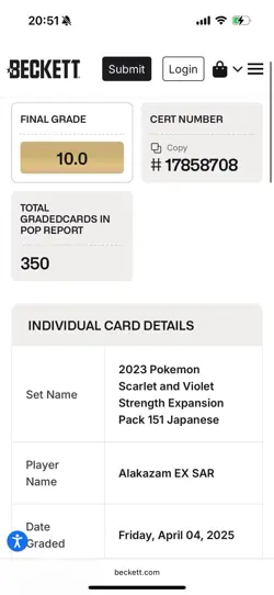 2023 Pokemon Scarlet Violet Alakazam EX SAR Japanese Card BGS 10 Pristine - Image 4