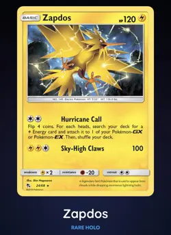 ⚡Zapdos 24/68 Holo Rare - Sun & Moon Hidden Fates Pokemon Card NM - Image 1