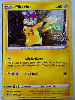 Pokemon Go STAMPED Pikachu Black Star SWSH234 TCG ERROR FULL CARD BLEED SWIRL - Image 1