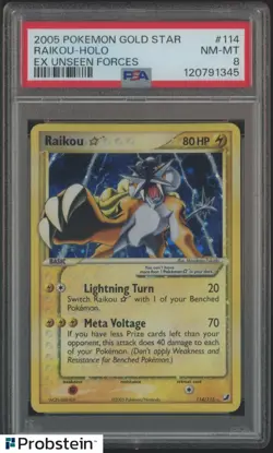 2005 Pokemon Gold Star Ex Unseen Forces #114 Raikou Holo PSA 8 NM-MT - Image 1