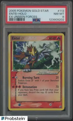 2005 Pokemon Entei Gold Star Holo EX Unseen Forces 113/115 PSA 8 NM-MT - Image 1