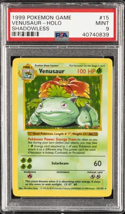 1999 POKEMON BASE SET SHADOWLESS #15 VENUSAUR-HOLO PSA 9 - Image 1