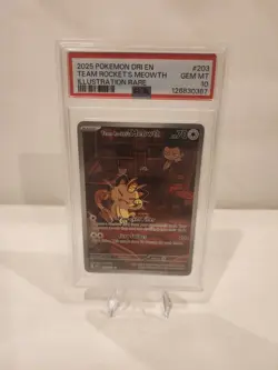 Pokemon 2025 Destined Rivals Team Rockets Meowth Card 203/182 PSA 10 Gem Mint - Image 1