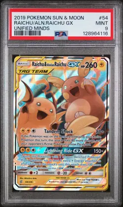 2019 POKEMON SUN & MOON UNIFIED MINDS #54 RAICHU & ALOLAN RAICHU GX PSA 9 - Image 1