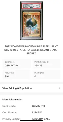 PSA 10 2022 Pokemon Ultra Ball Secret 186/172 Swsh09: Brilliant Stars Holo Gold - Image 3