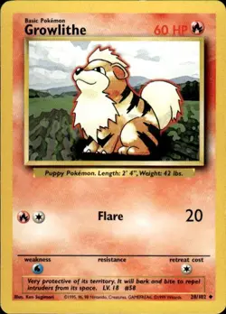 Vintage Wotc Pokemon Growlithe Base Set 28/102 Light Play LP - Image 1