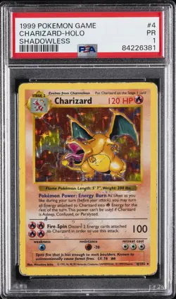1999 POKEMON BASE SET SHADOWLESS #4 CHARIZARD-HOLO PSA 1 - Image 1